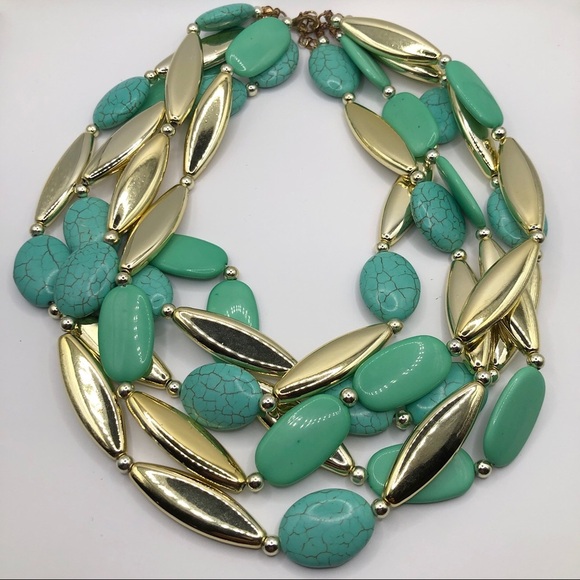 Turquoise & Gold Spindle Bead Multi-Strand Choker - Picture 1 of 4